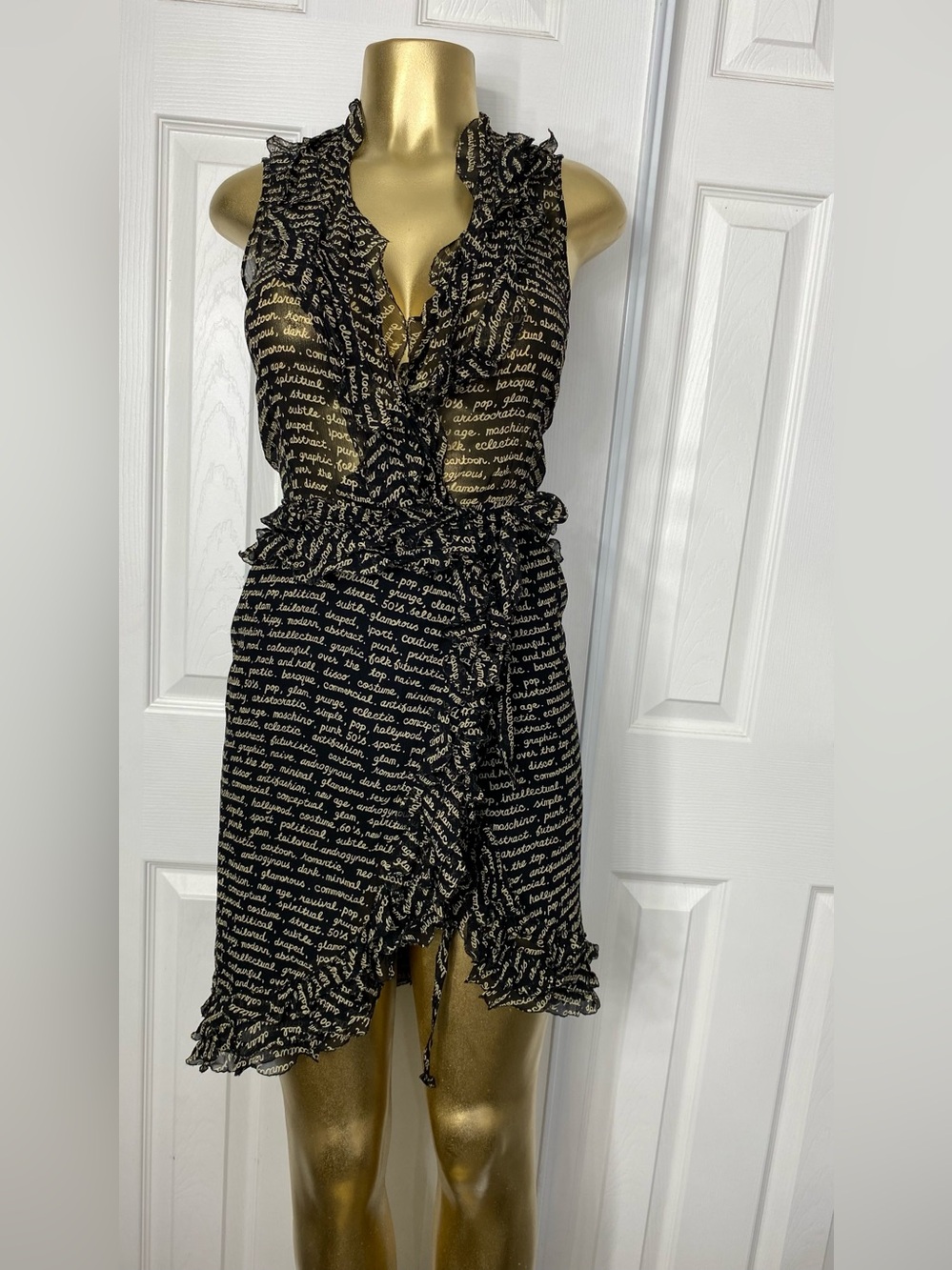 💯Silk made in Italy Moschino Black Mini Dress with Ivory Script Ruffle Wrap
